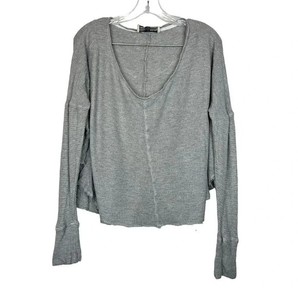 Anthropologie Oversized Waffle Knit Thermal Tunic Top XS Gray Raw Hem Lagenlook - Picture 2 of 10